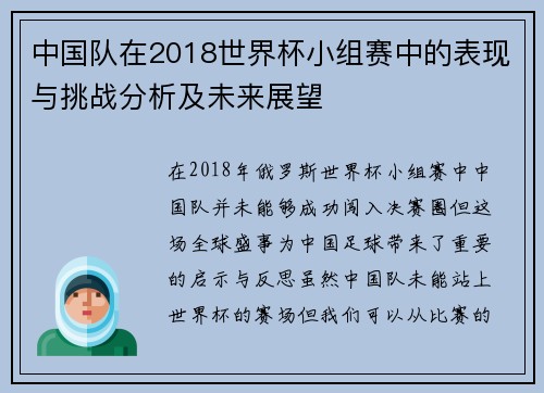 中国队在2018世界杯小组赛中的表现与挑战分析及未来展望